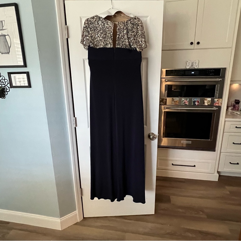 JS Boutique Navy Gown with Silver Sequin Cap Sleeves - Picture 7 of 15